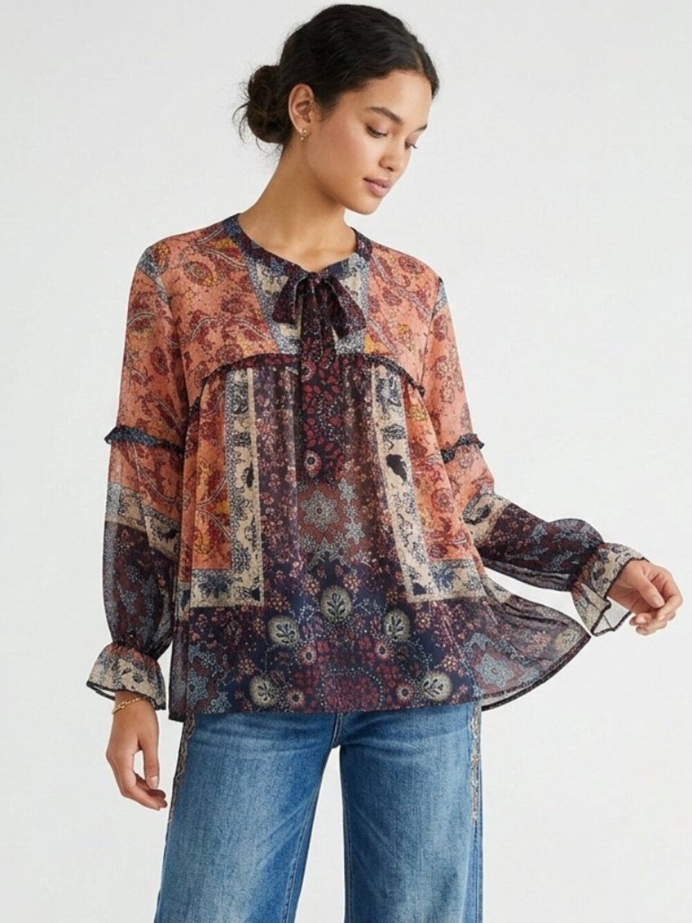 Knox Rose Blouse Multicolor Floral Boho Sleeves Festival L